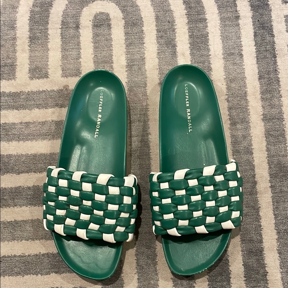 Loeffler Randall Emerald and White Woven Slides